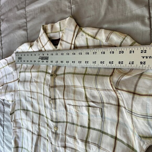 Tasso Elba Mens Medium Ivory Checked Linen Casual Button Up Shirt Short Sleeve - Picture 4 of 7